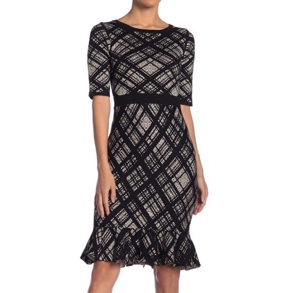 TAYLOR Black Plaid Flounce Hem Midi Knit Sweater Sheath Bodycon Dress Nordstrom - Picture 1 of 4